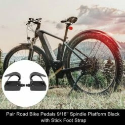 Unique Bargains Pair Road Bike Pedals Platform with Stick Foot Strap Bike Pedals Black 4.65"x2.68"x1.18" 2 Pcs
