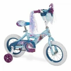 Huffy Frozen 2 12-Inch Kids Toddler Boys and Girls Ages 3-5 Training Wheel Coaster Bike Bicycle with Handlebar Bag and Streamers, Blue/Purple